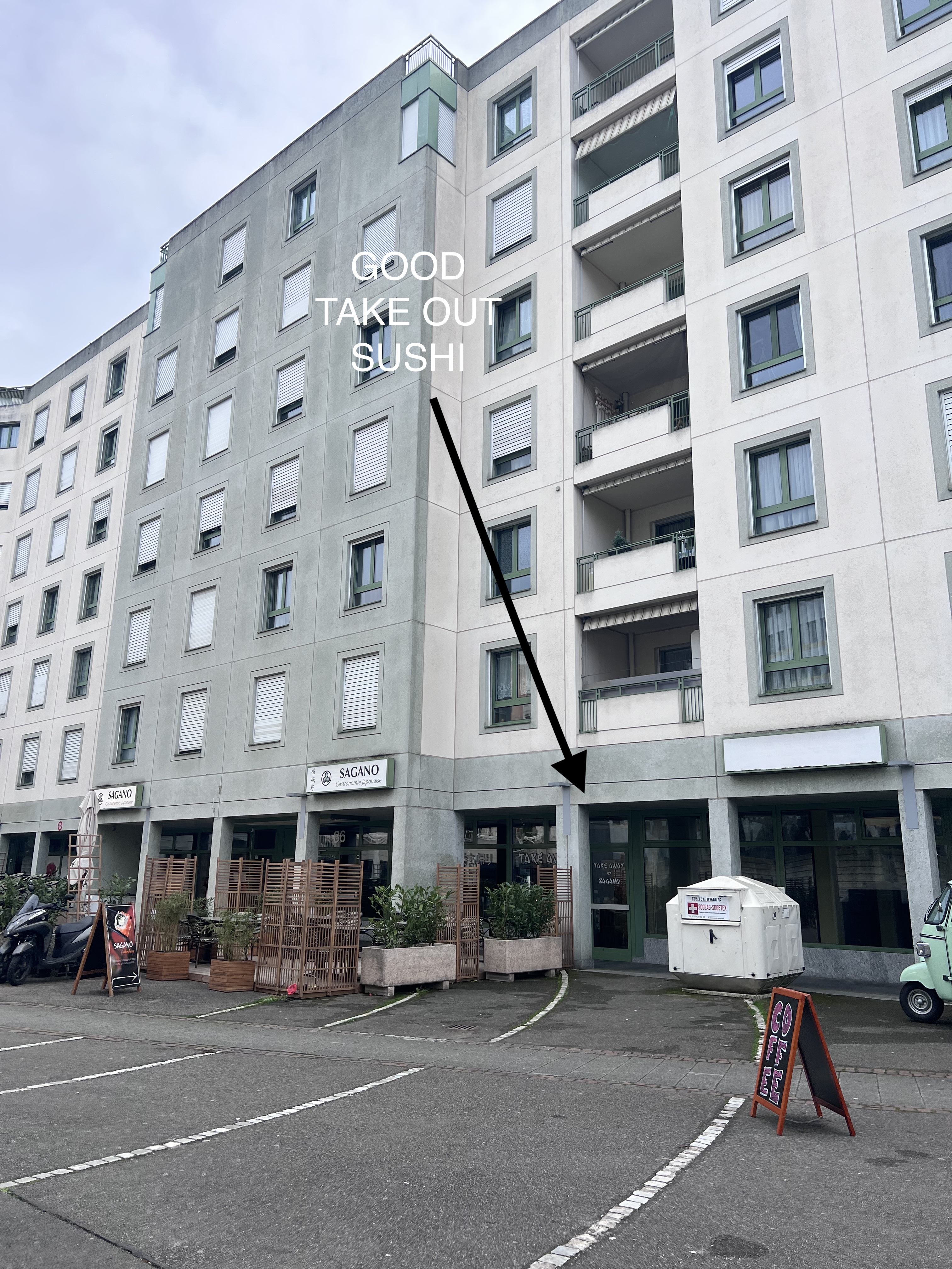Sagano exterior with arrow pointing to the take away entrance