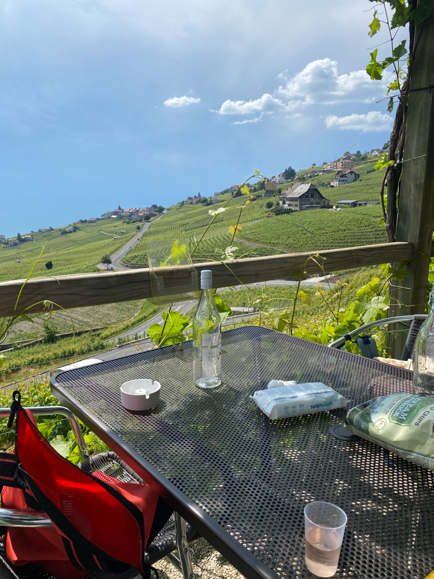 Table on Domaine Saint-Amour terrace with Lavaux vineyards and Lake Geneva view