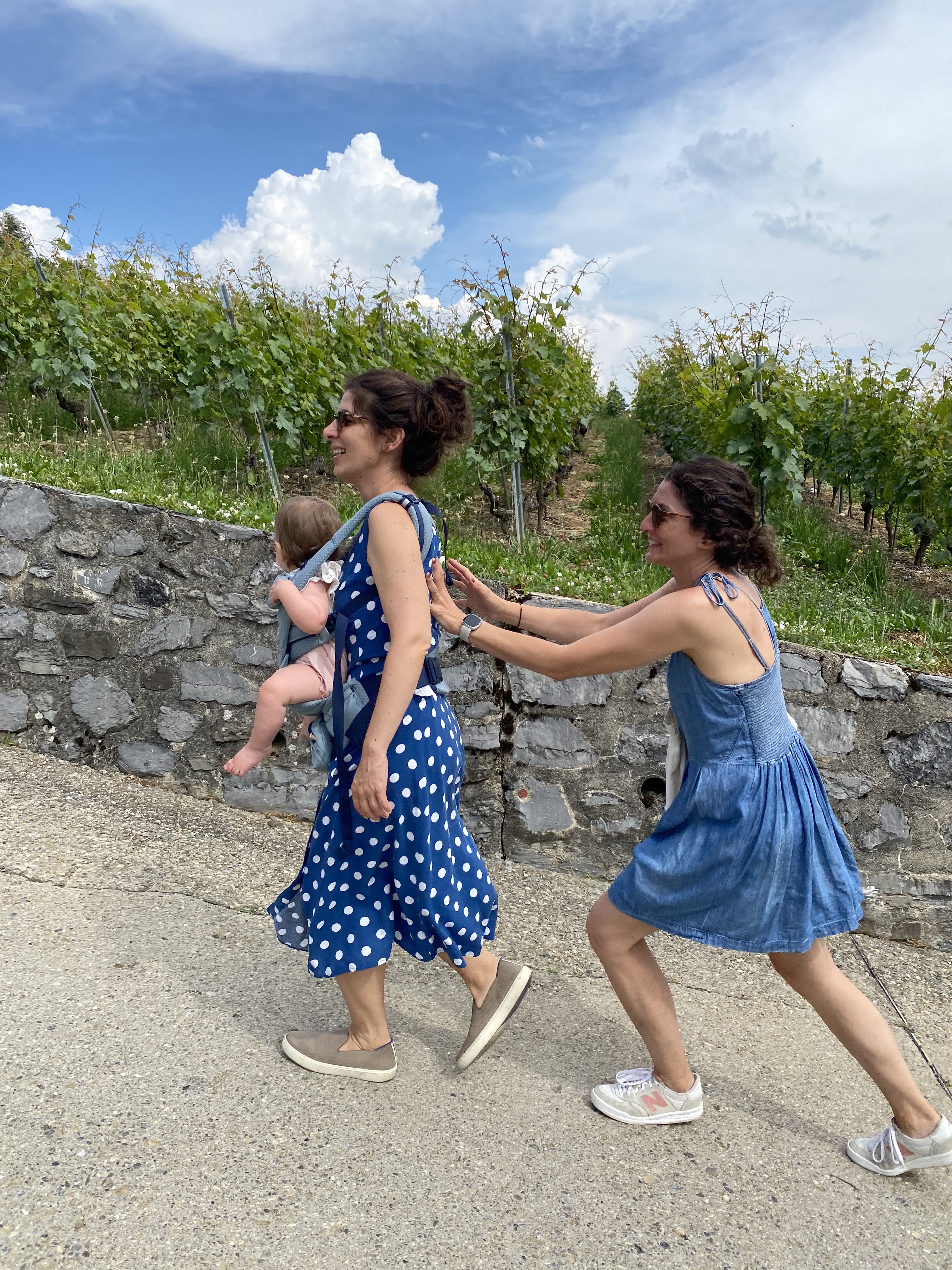 Walking through Lavaux vineyards, Lake Geneva in background, Vaud Switzerland