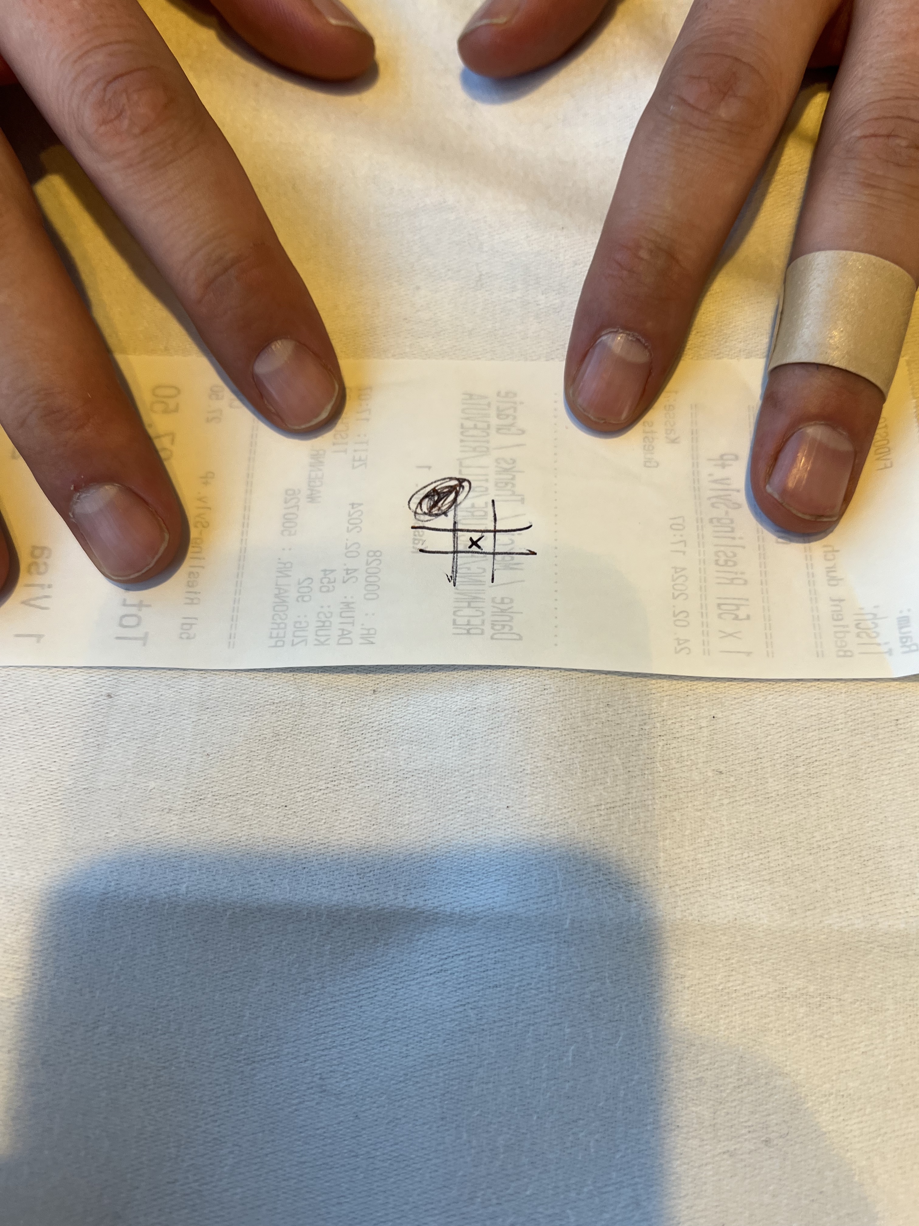 Noughts and crosses on the back of a receipt — what you do in the restaurant car when you have time