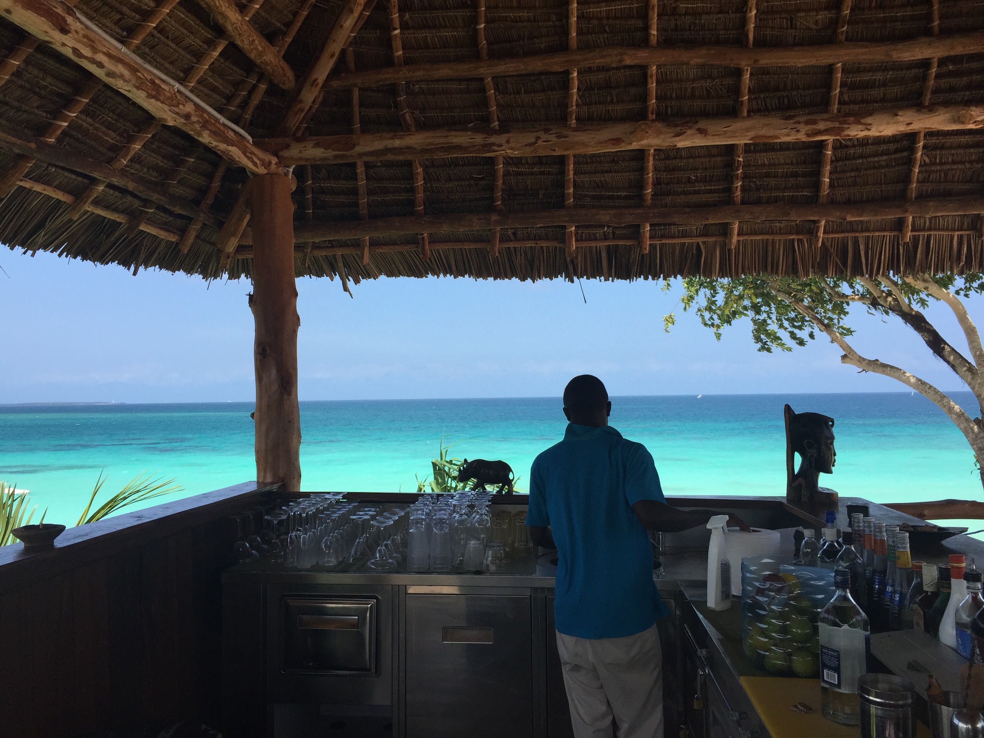 Thatched beach bar with a bartender preparing drinks, electric blue ocean framed beyond